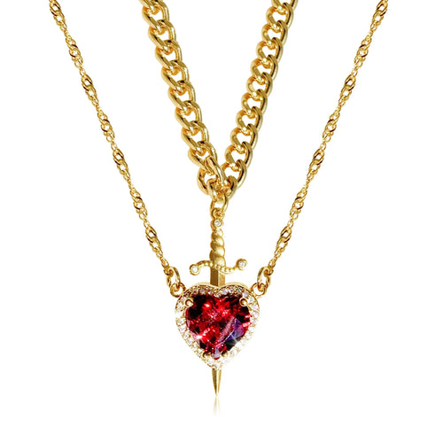 2PC Gothic Punk Sword Heart Creative Two Tone Couple Necklace Ladies
