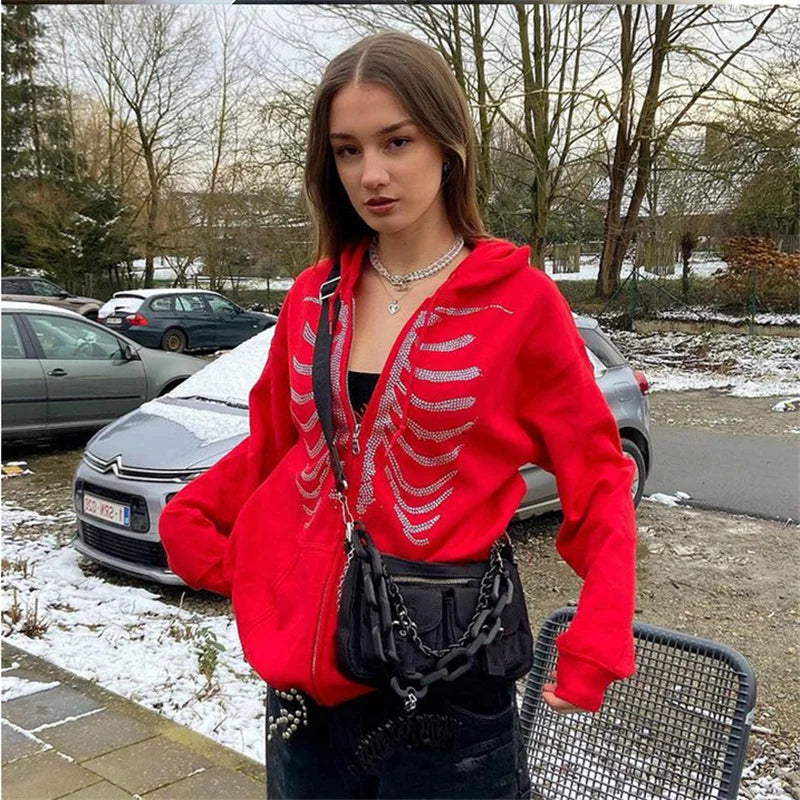 Women Gothic Black Zip Up Oversized Sweatshirts Y2K Rhinestone