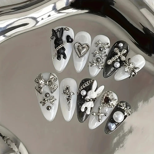 10pcs personalized black and white nail art, rabbit and bow decoration