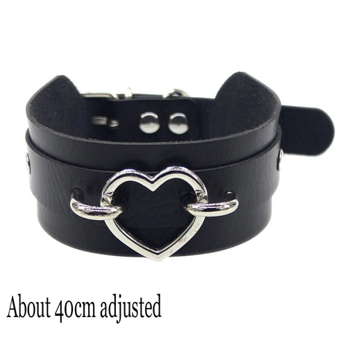 Woman Black Punk Choker Collar Necklace Sexy PU Leather Heart Lock Key