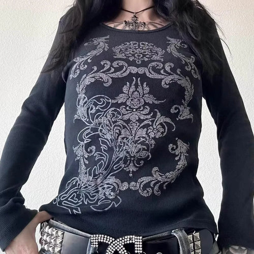 Rhinestone Graphic Print T-shirt Retro Harajuku Fairycore Grunge Slim