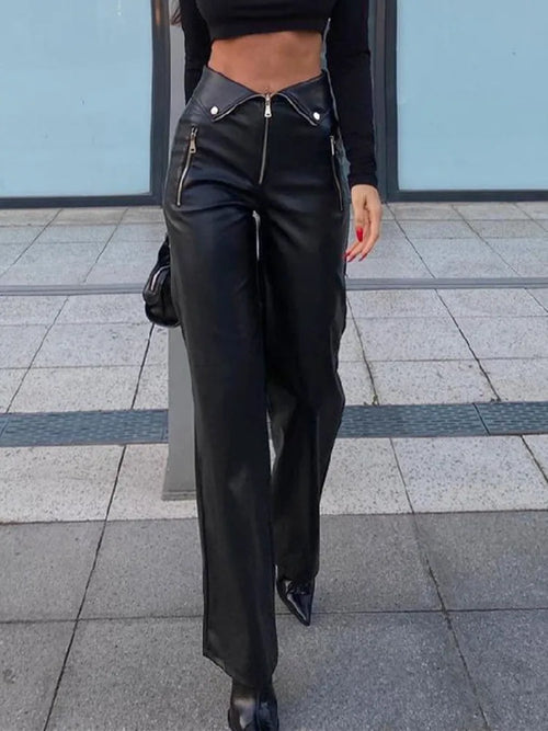 Candyhot PU Leather Zipper Slim Pants Y2K Casual Party Streetwear