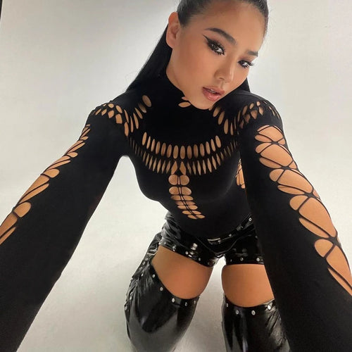 Candyhot Sexy Hollow Out High Collar Bodysuit Bodycon Y2K Long Sleeves