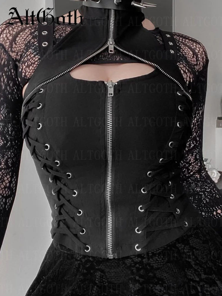 AltGoth Dark Gothic Vintage Bandage Vest Women Harajuku Punk Grunge
