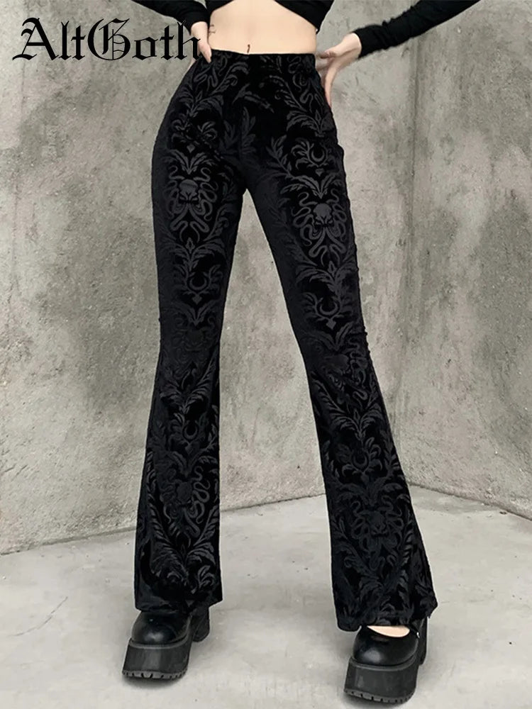 AltGoth Vintage Dark Gothic Velevt Pants Women Streetwear Harajuku