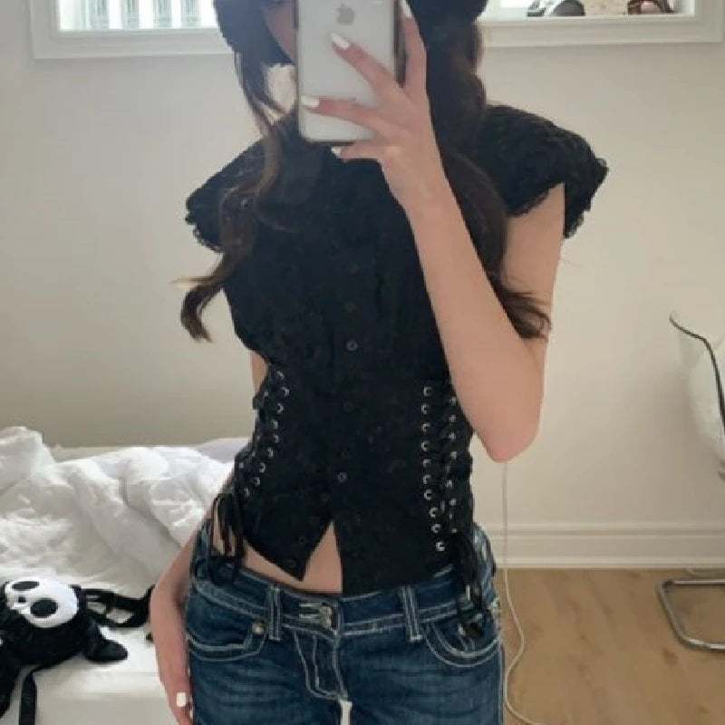 Dourbesty Chic Bandage Crop Top Y2k Vintage Grunge Black T-Shirts
