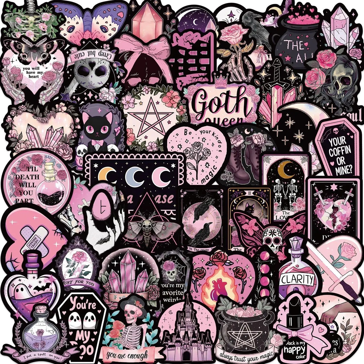 10/50pcs Dark Pink Gothic Magic Horror Skull Stickers Aesthetic Goth