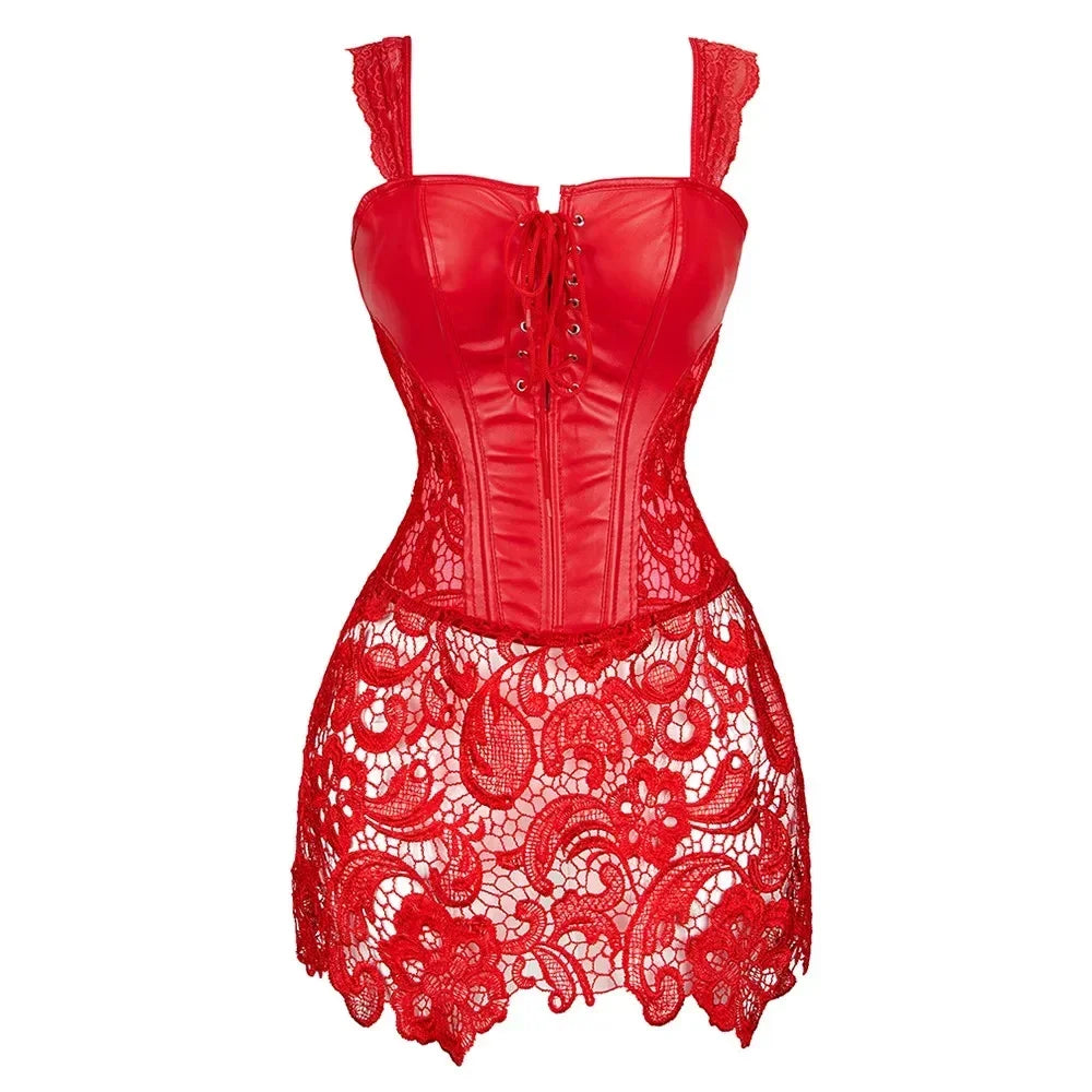 Steampunk Corset Dress Women Gothic Sexy Faux Leather Zipper Bustier