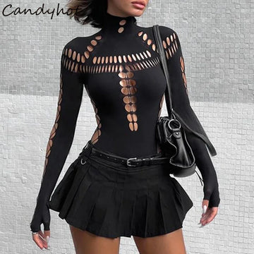 Candyhot Sexy Hollow Out High Collar Bodysuit Bodycon Y2K Long Sleeves
