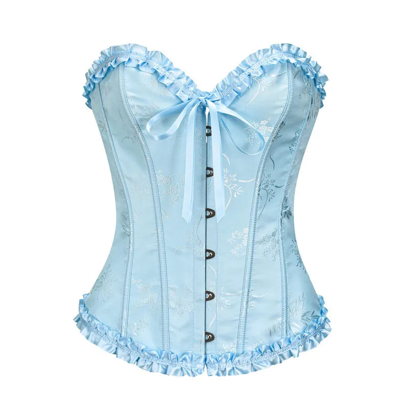 Yellow Jacquard Ruffled Trim Boned Sexy Overbust Push Up Bustier Top
