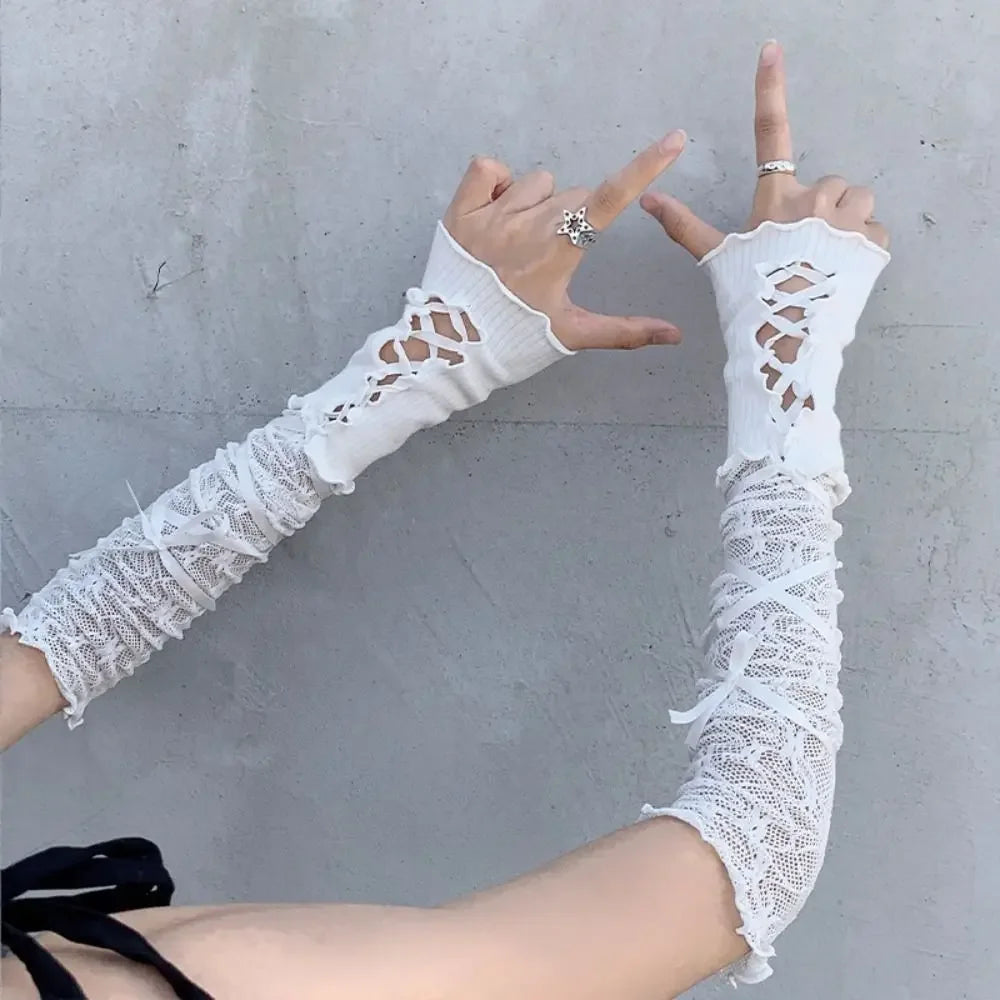 Women Lolita Jk Lace Fingerless Gloves Black Gothic DIY Strapping