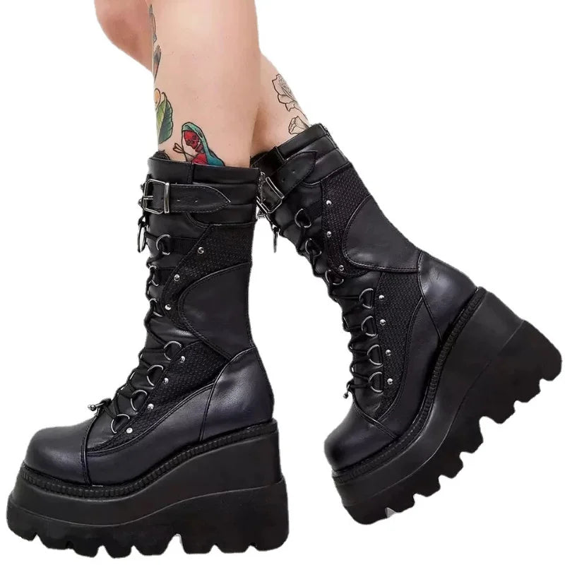 Brand Design Ladies High Platform Boots Big Size Rivet Goth High Heels