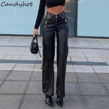 Candyhot PU Leather Zipper Slim Pants Y2K Casual Party Streetwear