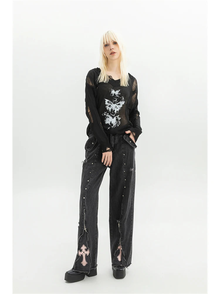 Women Clothing Black Gothic Jeans 90s Aesthetic Y2k Oversize Denim