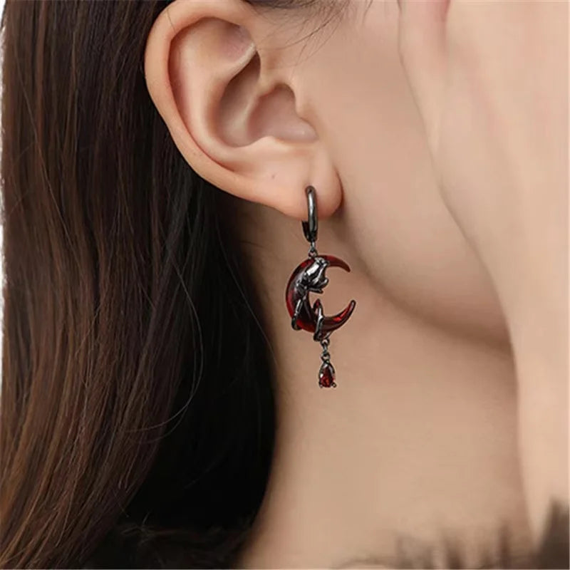 Gothic Style Asymmetry Red Moon Rose Earrings For Women Style