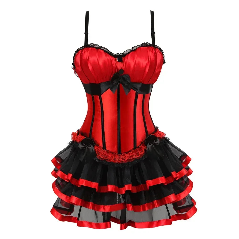 Victorian Red Satin Overbust Corset with Layered Tulle Skirt Women