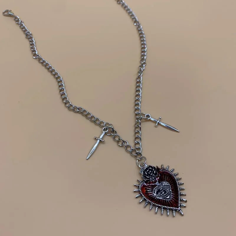 Goth Gothic Peach Heart Flower Sword Eye Cross Pendant Choker Chain