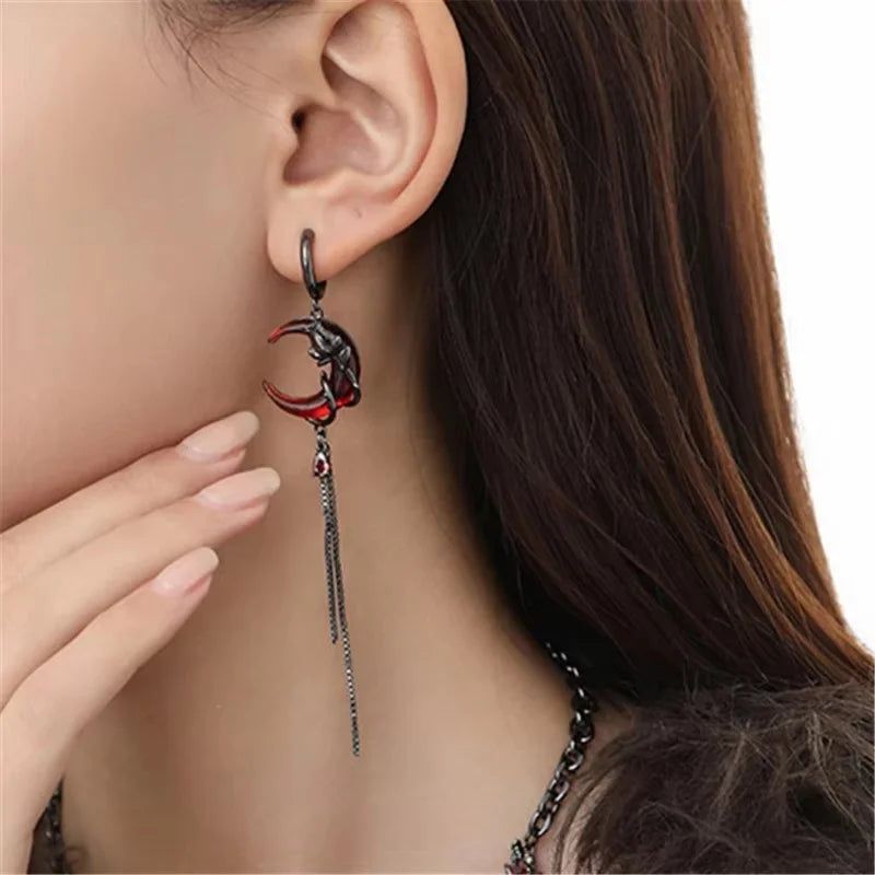 Gothic Style Asymmetry Red Moon Rose Earrings For Women Style