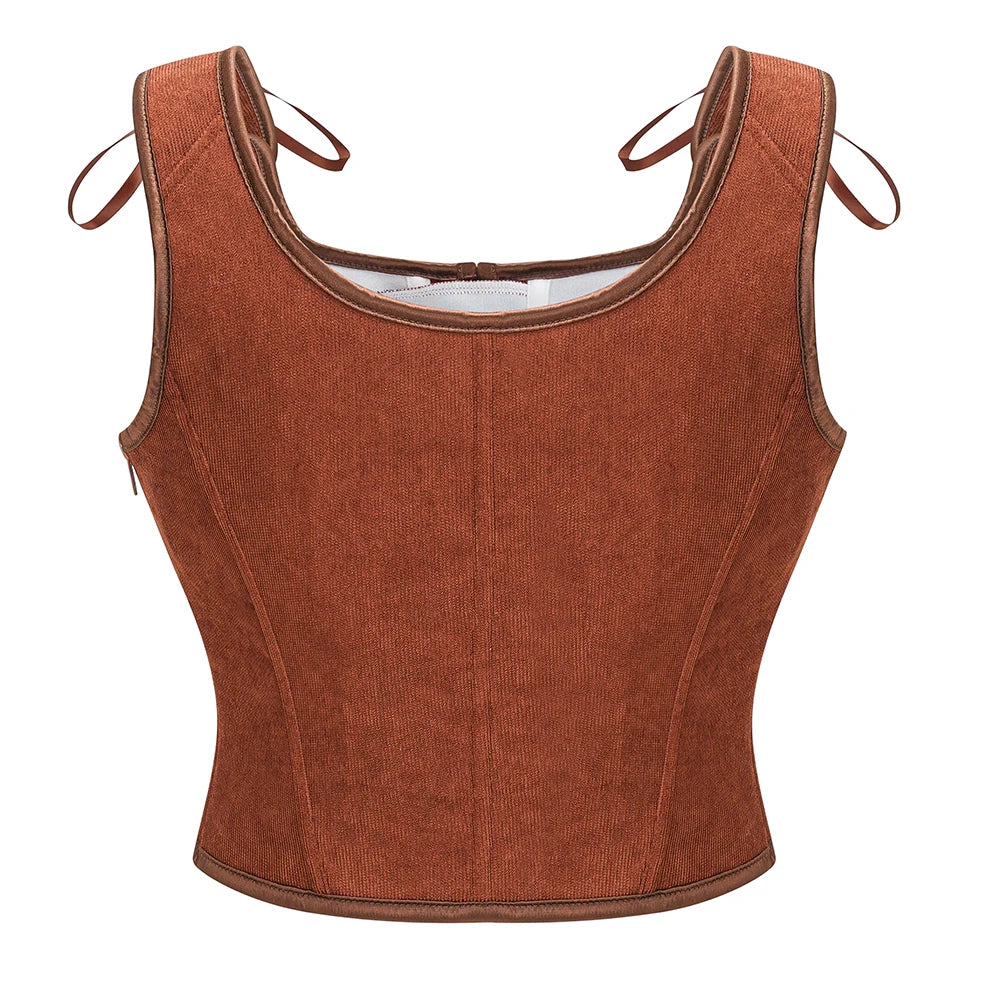 Brown Front Lace Up Zipper Vintage Gothic Women Corset Tank Top Sexy