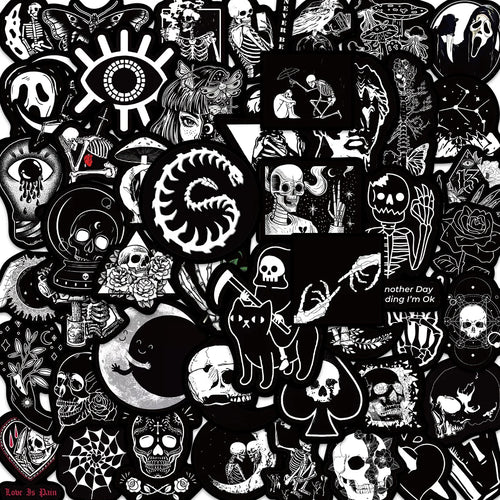 50Pcs Black White Gothic Graffiti Stickers Skull DIY Motorcycle Laptop