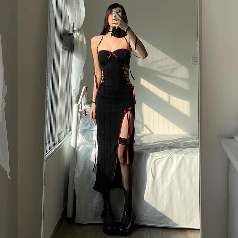 WhereMery Gothic Sexy Bow Applique Bandage Long Dress Aestheitic