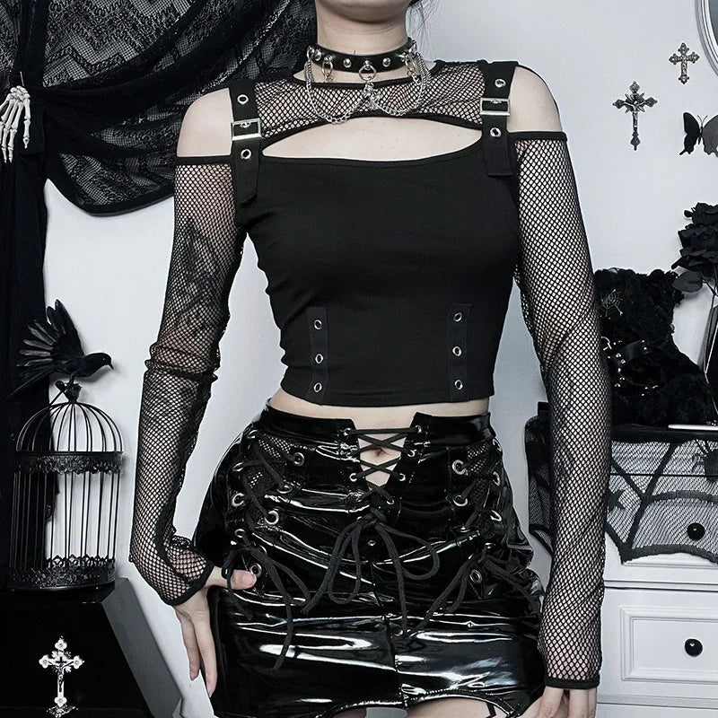 Goth Dark Mall Gothic Fishnet Patchwork T-shirts Grunge Punk Hollow