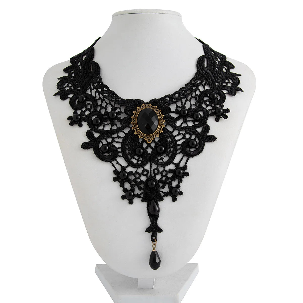Fashion New Vintage Gem Black Lace Bead Necklace Gothic Steampunk