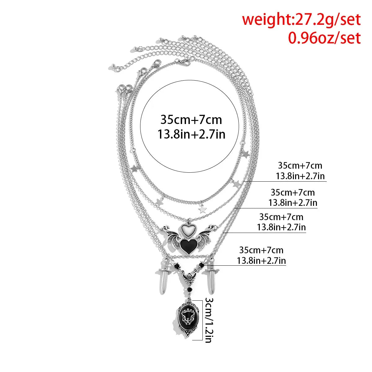 5Pcs/Set Goth Demon Wings Sword Black Heart Pendant Necklace for Women