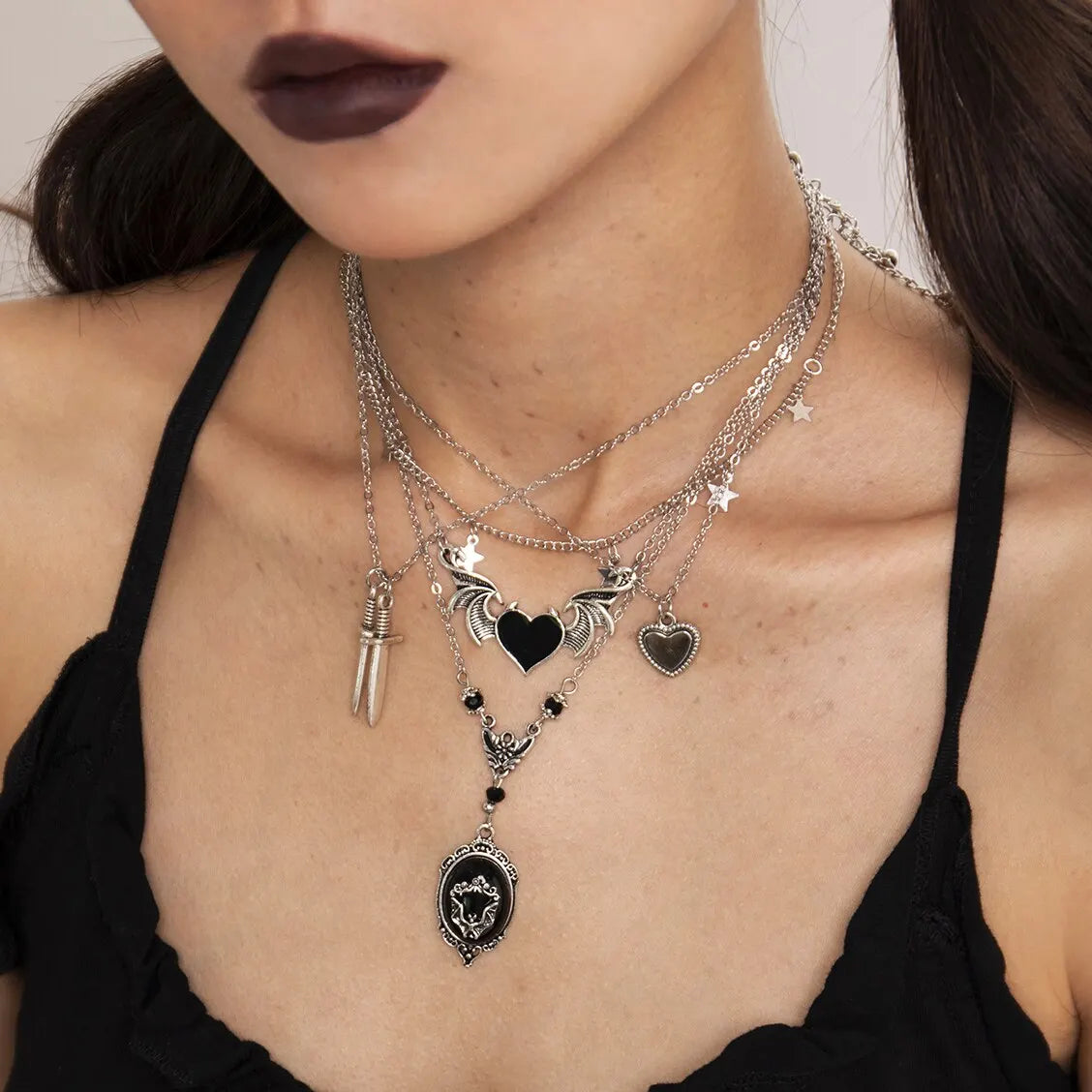 5Pcs/Set Goth Demon Wings Sword Black Heart Pendant Necklace for Women