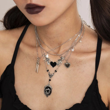 5Pcs/Set Goth Demon Wings Sword Black Heart Pendant Necklace for Women