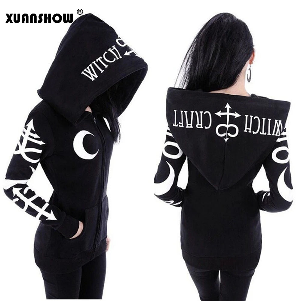 XUANSHOW Women Hoodies Sweatshirts Gothic Punk Moon Letters Print