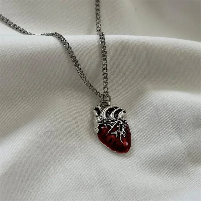 Anatomical red heart necklace gothic y2k grunge jewelry dainty silver