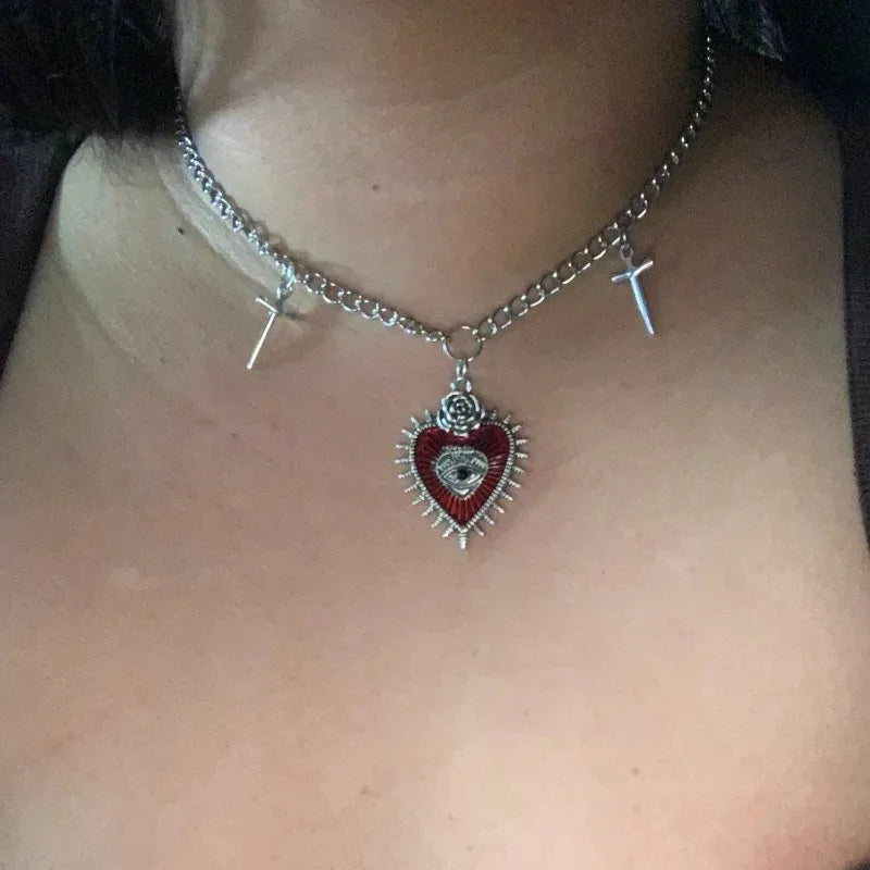 Goth Gothic Peach Heart Flower Sword Eye Cross Pendant Choker Chain