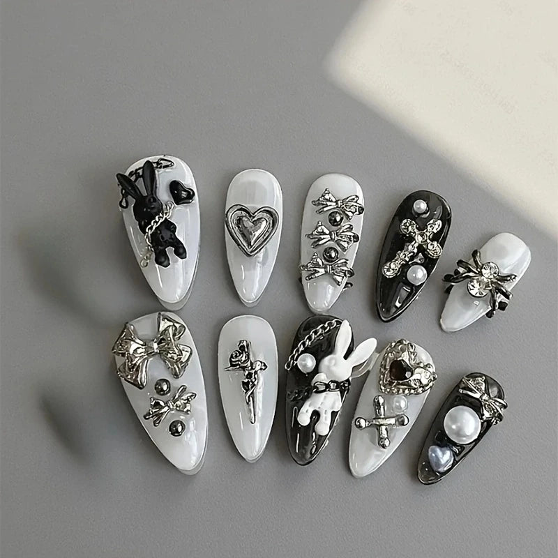10pcs personalized black and white nail art, rabbit and bow decoration
