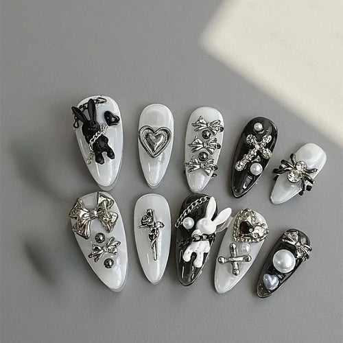 10pcs personalized black and white nail art, rabbit and bow decoration