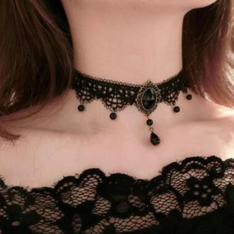 New Sexy Gothic Chokers Crystal Black Lace Neck Choker Necklace