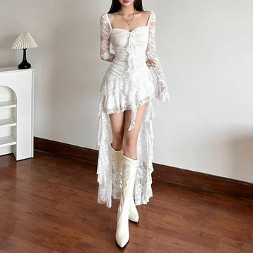 Fairycore Lace Flare Sleeve Square Neck A-line Dress Sweet E-girl