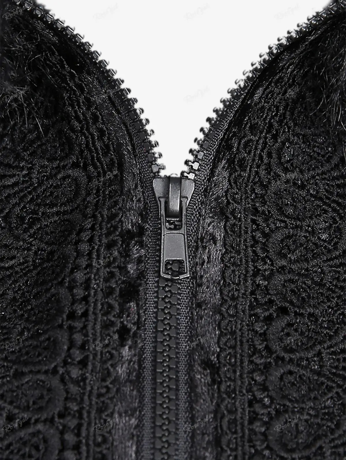 ROSEGAL Plus Size Gothic Fur Coats Black Full Zipper Applique Panel