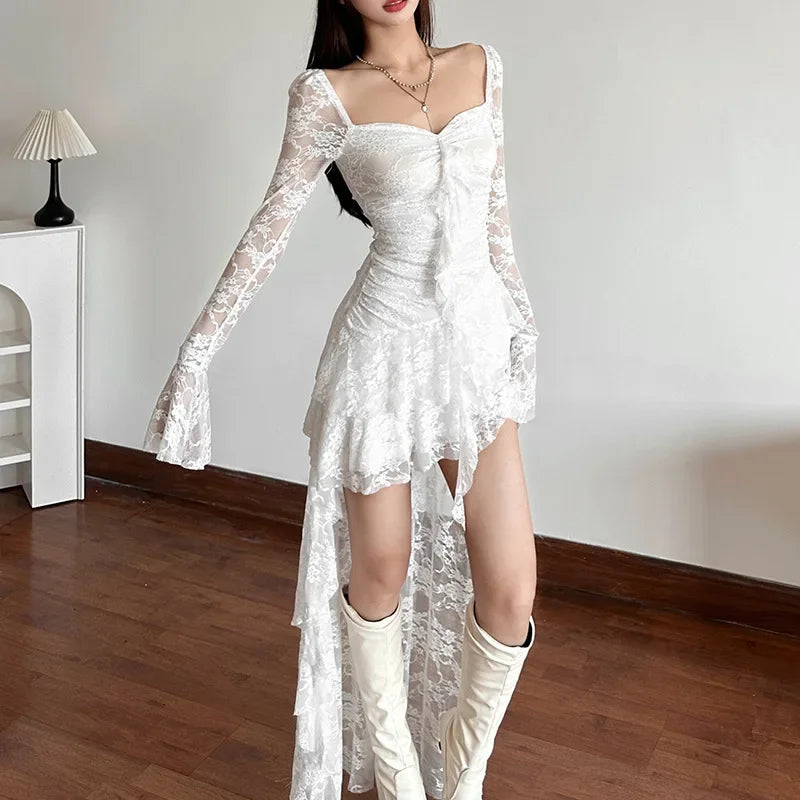 Fairycore Lace Flare Sleeve Square Neck A-line Dress Sweet E-girl