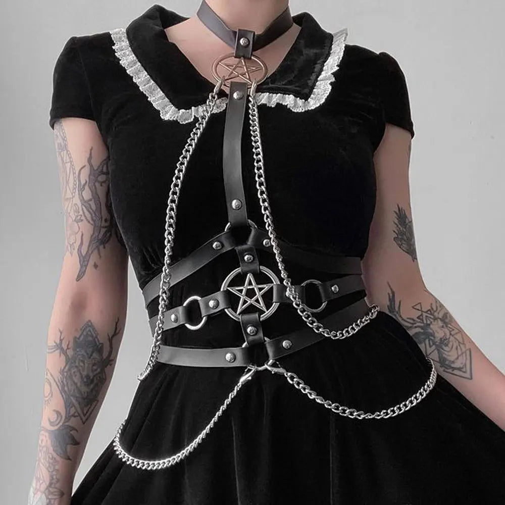Women Sexy Body Chest Chain Jewelry Pu Leather Waist Belt Belly Chains