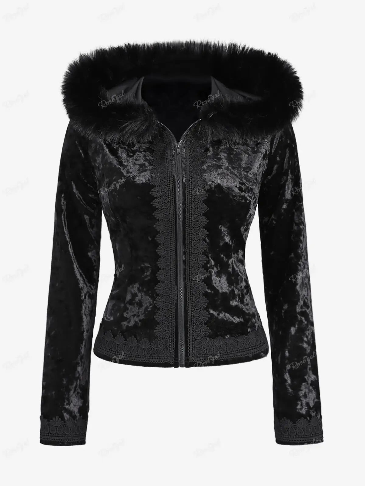 ROSEGAL Plus Size Gothic Fur Coats Black Full Zipper Applique Panel