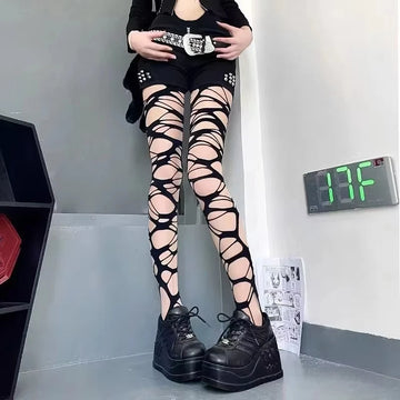 Sexy Black Ripped Fishnet Tights Women Gothic Punk Hollow Out Tight
