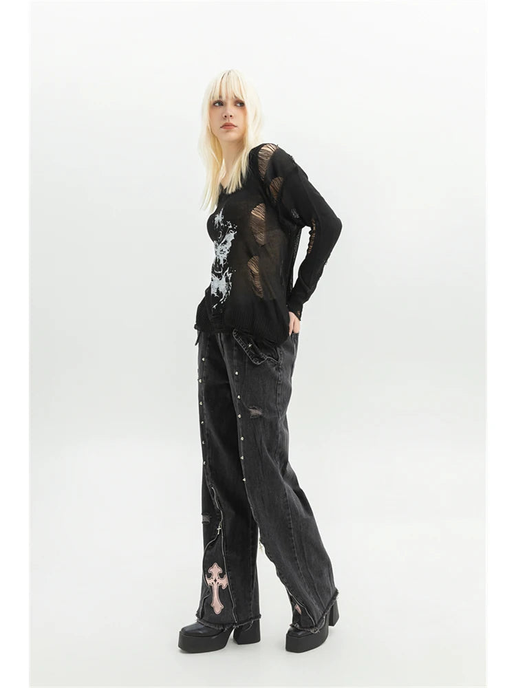 Women Clothing Black Gothic Jeans 90s Aesthetic Y2k Oversize Denim