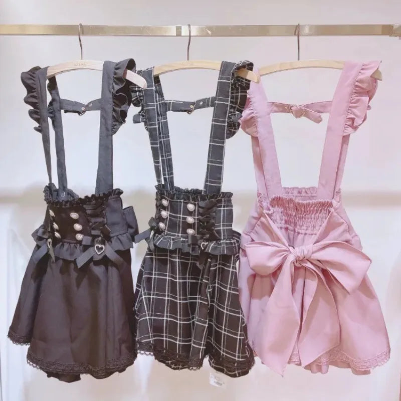 Japanese Gothic Lolita Ribbon Short Suspender plaid Skirt Girls Sweet