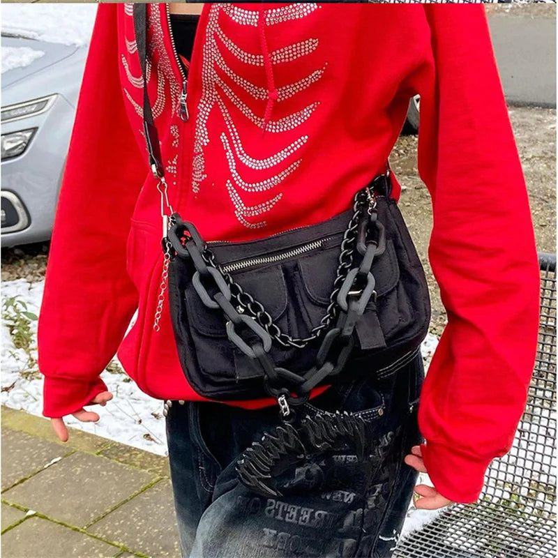 Women Gothic Black Zip Up Oversized Sweatshirts Y2K Rhinestone