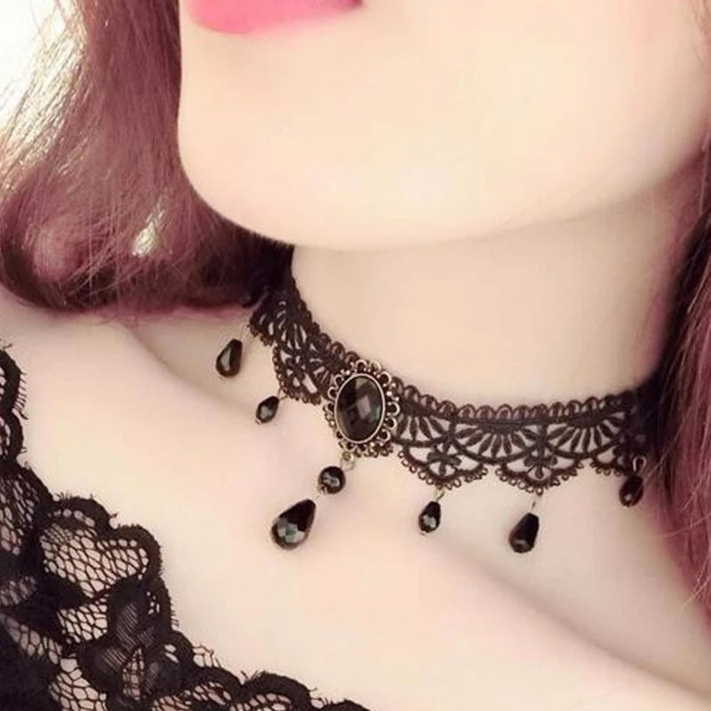 New Sexy Gothic Chokers Crystal Black Lace Neck Choker Necklace
