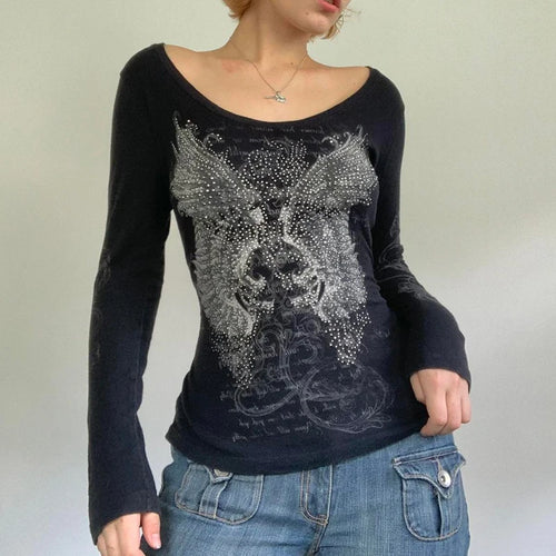 Rhinestone Graphic Print T-shirt Retro Harajuku Fairycore Grunge Slim