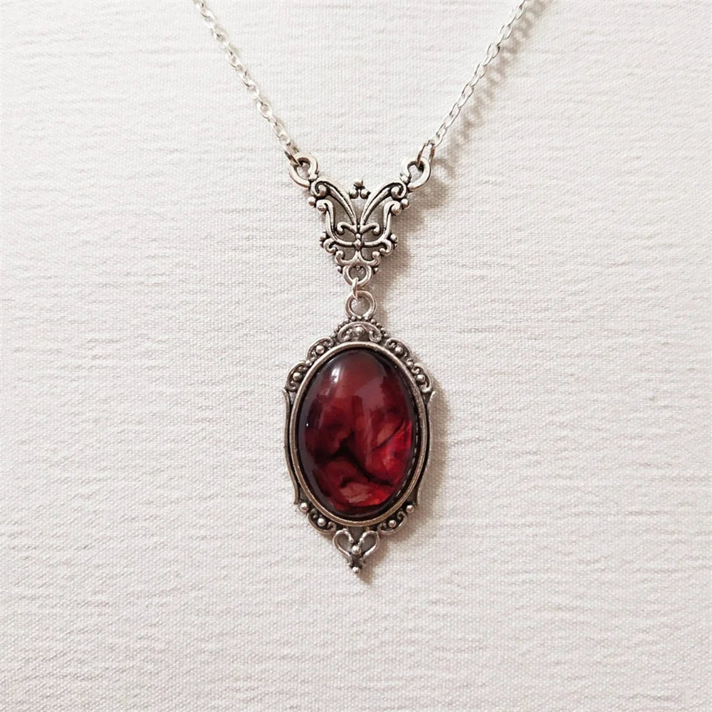 Gothic Blood Red Quartz Charm Necklace Oval Pendant Necklace For Women