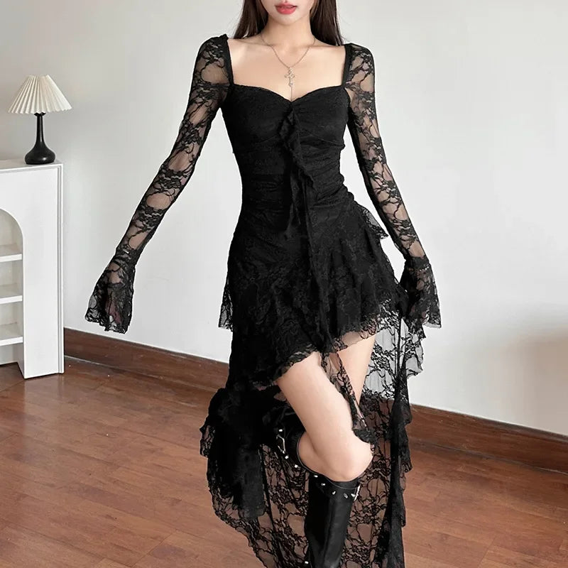 Fairycore Lace Flare Sleeve Square Neck A-line Dress Sweet E-girl