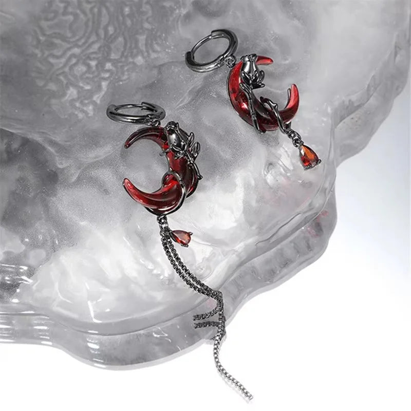 Gothic Style Asymmetry Red Moon Rose Earrings For Women Style